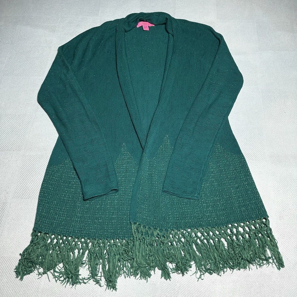 Lilly Pulitzer Tatum Cardigan Womens Medium‎ Fringe Tassel Green Boho Metallic